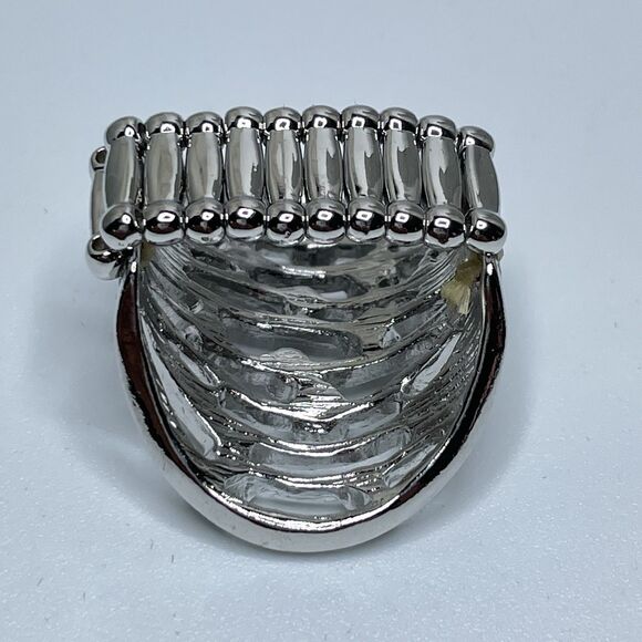 Stunning Silver Tone White Rhinestone Wide Stretch Band Ring Statement Fashion - Picture 4 of 7